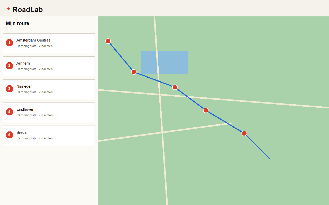 RoadLab routeplanner — interactieve kaart met stops en sidebar